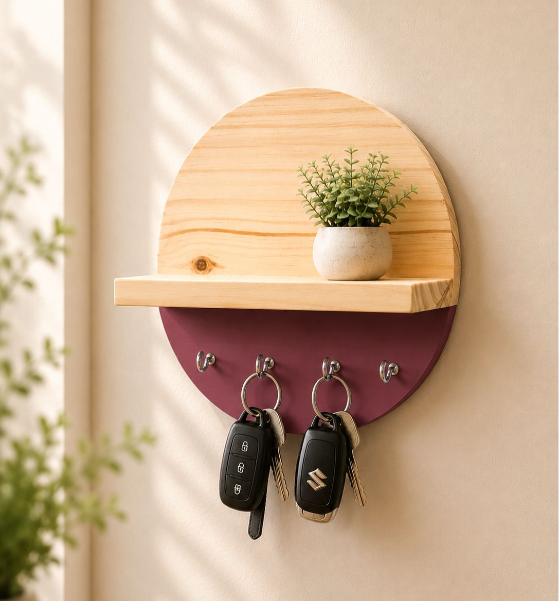 Modern Key Holder with Shelf | Premium Wine Finish